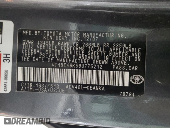 2008 Toyota Camry LE with VIN 4T1BE46K58U775212, listed as a Copart auction lot 48795515 with 235,210 mi miles and Non Repairable. Bid and sale history available at carsss.com. Image 13.