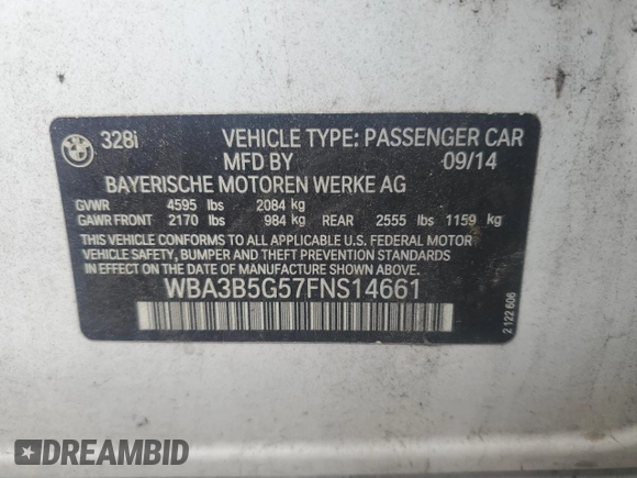 2015 BMW 3 Series 328i xDrive с VIN WBA3B5G57FNS14661, выставлен на аукционе Copart как лот 61301435 с пробегом 94 905 миль миль и Списание • Salvage title. История ставок и продаж доступна на DreamBid. Изображение 12.
