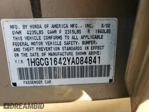 2000 Honda Accord LX z VIN 1HGCG1642YA084841, wystawiony jako Copart lot #72237974 z przebiegiem Nie podano mil oraz Szkoda całkowita • Salvage title. Historia ofert i sprzedaży dostępna na DreamBid. Obrazek 10.