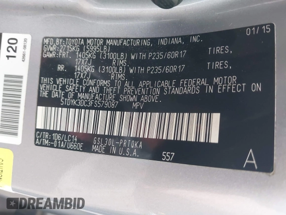 2015 Toyota Sienna XLE с VIN 5TDYK3DC3FS579087, выставлен на аукционе IAAI как лот 42456365 с пробегом 127 350 миль миль и . История ставок и продаж доступна на DreamBid. Изображение 9.