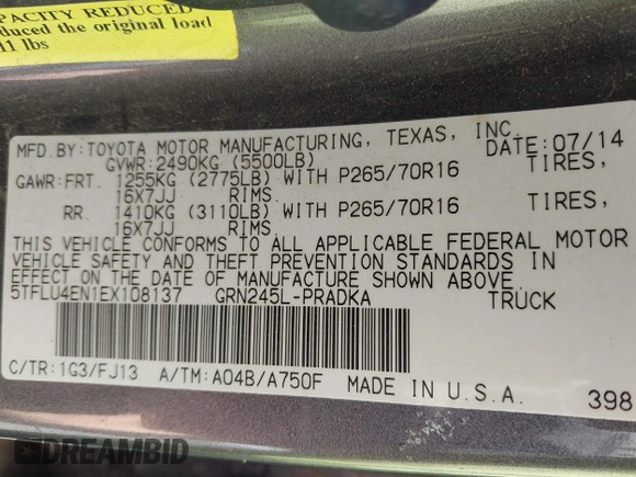 2014 Toyota Tacoma with VIN 5TFLU4EN1EX108137, listed as a IAAI auction lot 41691253 with 119,820 mi miles. Bid and sale history available at carsss.com. Image 9.