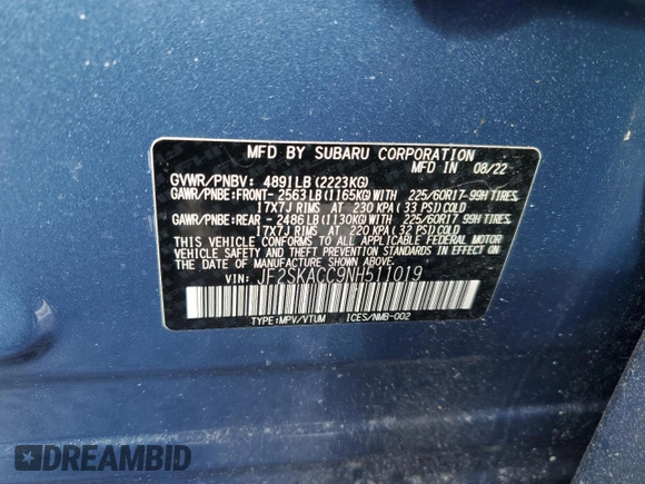 2022 Subaru Forester with VIN JF2SKACC9NH511019, listed as a Copart auction lot 43427085 with 23,186 mi miles and Salvage title. Bid and sale history available at DreamBid. Image 12.