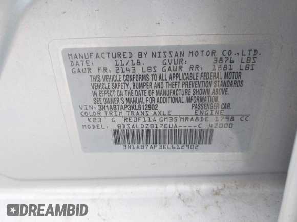 2019 Nissan Sentra SV with VIN 3N1AB7AP3KL612902, listed as a IAAI auction lot 41930893 with 105,604 mi miles and . Bid and sale history available at DreamBid. Image 9.