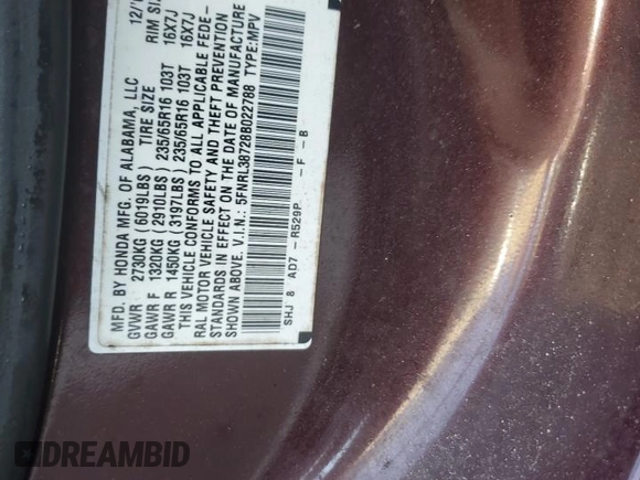2008 Honda Odyssey EX-L with VIN 5FNRL38728B022788, listed as a Copart auction lot 52721625 with 0 mi miles and Salvage Title. Bid and sale history available at carsss.com. Image 14.