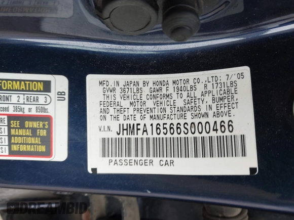 2006 Honda Civic LX z VIN JHMFA16566S000466, wystawiony jako IAAI lot #42213993 z przebiegiem 212 103 mil mil oraz . Historia ofert i sprzedaży dostępna na DreamBid. Obrazek 9.