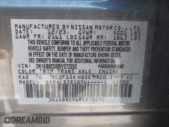 2024 Nissan Sentra SV with VIN 3N1AB8CV6RY273292, listed as a IAAI auction lot 41997489 with 28,521 mi miles and . Bid and sale history available at DreamBid. Image 9.