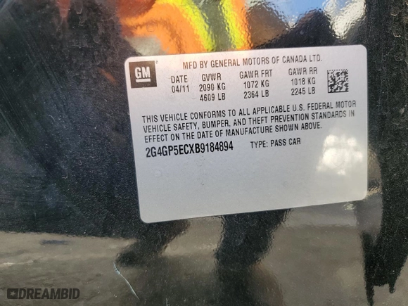 2011 Buick Regal CXL RL2 with VIN 2G4GP5ECXB9184894, listed as a Copart auction lot 78473724 with 70,752 mi miles and Salvage Title. Bid and sale history available at carsss.com. Image 12.
