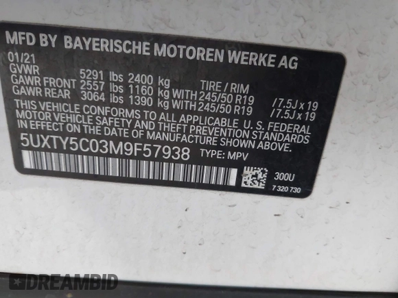 2021 BMW X3 xDrive30i with VIN 5UXTY5C03M9F57938, listed as a IAAI auction lot 41093987 with 102,557 mi miles and . Bid and sale history available at DreamBid. Image 9.