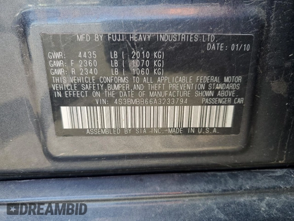 2010 Subaru Legacy Premium with VIN 4S3BMBB66A3233794, listed as a Copart auction lot 63785545 with 201,029 mi miles and Salvage title. Bid and sale history available at DreamBid. Image 12.