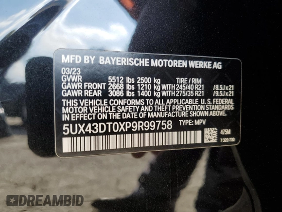 2023 BMW X4 M40i with VIN 5UX43DT0XP9R99758, listed as a Copart auction lot 44651255 with 20,105 mi miles and Salvage Title. Bid and sale history available at carsss.com. Image 14.