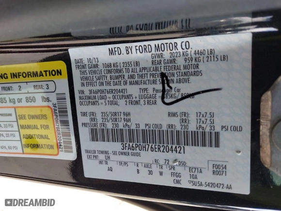 2014 Ford Fusion SE with VIN 3FA6P0H76ER204421, listed as a IAAI auction lot 41905561 with 190,604 mi miles. Bid and sale history available at carsss.com. Image 9.
