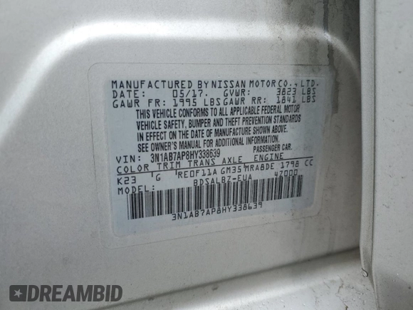 2017 Nissan Sentra S with VIN 3N1AB7AP8HY338639, listed as a Copart auction lot 53784335 with 121,369 mi miles and Salvage Title. Bid and sale history available at DreamBid. Image 12.