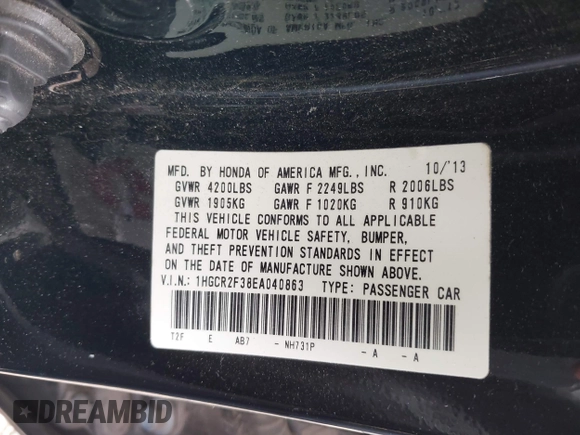 2014 Honda Accord LX with VIN 1HGCR2F38EA040863, listed as a IAAI auction lot 41913290 with 110,728 mi miles and . Bid and sale history available at carsss.com. Image 9.
