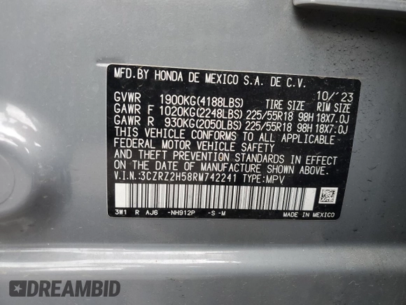 2024 Honda HR-V Sport with VIN 3CZRZ2H58RM742241, listed as a Copart auction lot 57434785 with 9,300 mi miles and Salvage title. Bid and sale history available at DreamBid. Image 13.