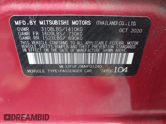 2021 Mitsubishi Mirage G4 ES with VIN ML32FUFJ9MHF01240, listed as a IAAI auction lot 41579718 with 86,616 mi miles. Bid and sale history available at carsss.com. Image 9.