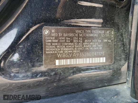 2008 BMW 3 Series M3 with VIN WBSVA93528E041123, listed as a Copart auction lot 70813694 with 127,460 mi miles and Salvage title. Bid and sale history available at DreamBid. Image 14.