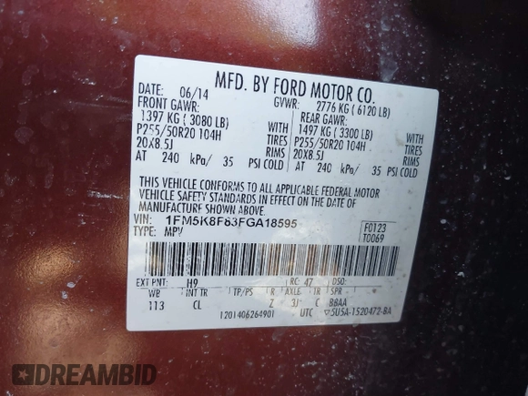 2015 Ford Explorer Limited with VIN 1FM5K8F83FGA18595, listed as a IAAI auction lot 41442972 with 286,462 mi miles and . Bid and sale history available at DreamBid. Image 9.