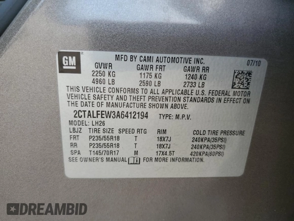 2010 GMC Terrain SLT-1 with VIN 2CTALFEW3A6412194, listed as a Copart auction lot 54881885 with 198,646 mi miles and Salvage title. Bid and sale history available at DreamBid. Image 13.