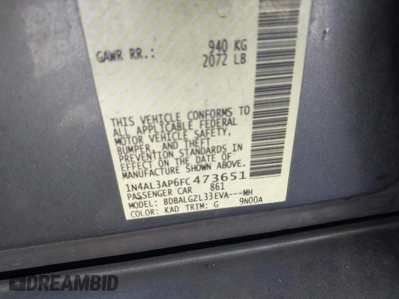2015 Nissan Altima S with VIN 1N4AL3AP6FC473651, listed as a IAAI auction lot 41692757 with 157,858 mi miles and . Bid and sale history available at DreamBid. Image 9.