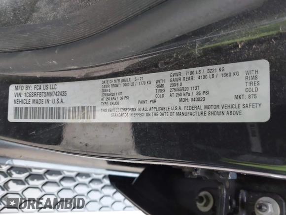 2021 Ram 1500 Big Horn с VIN 1C6SRFBT5MN742435, выставлен на аукционе IAAI как лот 41999586 с пробегом 25 671 миль миль и . История ставок и продаж доступна на DreamBid. Изображение 9.