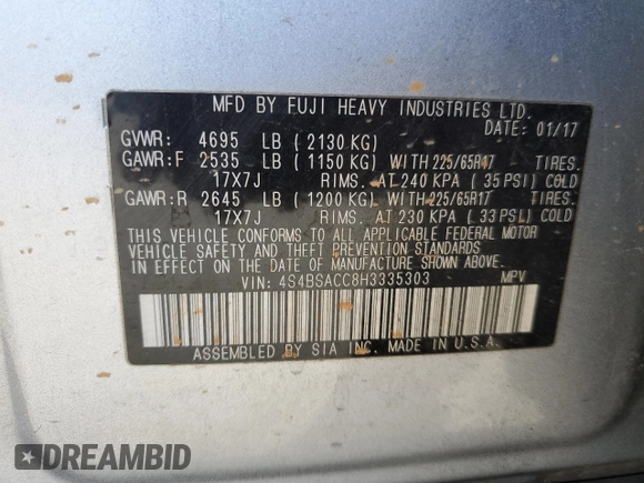 2017 Subaru Outback Premium with VIN 4S4BSACC8H3335303, listed as a Copart auction lot 58267965 with 66,651 mi miles and Salvage title. Bid and sale history available at DreamBid. Image 14.