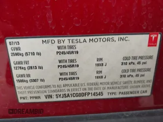 2013 Tesla Model S with VIN 5YJSA1CG0DFP14545, listed as a IAAI auction lot 41806844 with Not Provided miles. Bid and sale history available at carsss.com. Image 9.