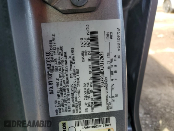 2020 Ford Fusion SE with VIN 3FA6P0HDXLR172625, listed as a Copart auction lot 48404835 with 144,308 mi miles and Clean Title. Bid and sale history available at DreamBid. Image 12.