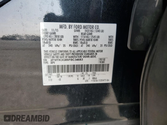 2015 Ford Edge SE with VIN 2FMTK3G86FBC34683, listed as a Copart auction lot 63339425 with 116,973 mi miles and Salvage title. Bid and sale history available at DreamBid. Image 13.