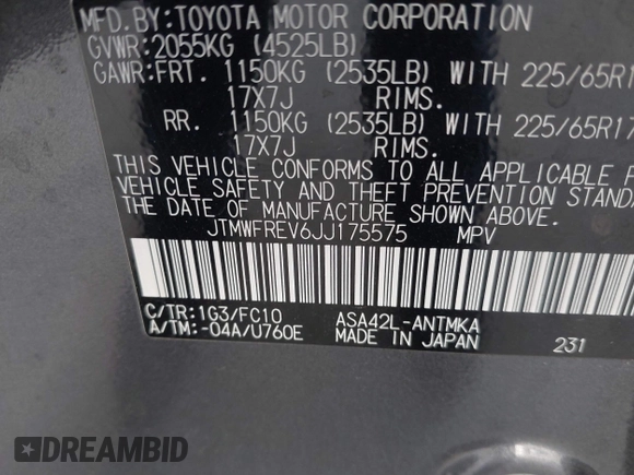 2018 Toyota RAV4 XLE with VIN JTMWFREV6JJ175575, listed as a IAAI auction lot 41788004 with 112,577 mi miles. Bid and sale history available at carsss.com. Image 9.