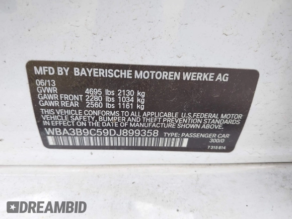 2013 BMW 3 Series 335i xDrive with VIN WBA3B9C59DJ899358, listed as a IAAI auction lot 42321863 with 127,700 mi miles and . Bid and sale history available at DreamBid. Image 9.