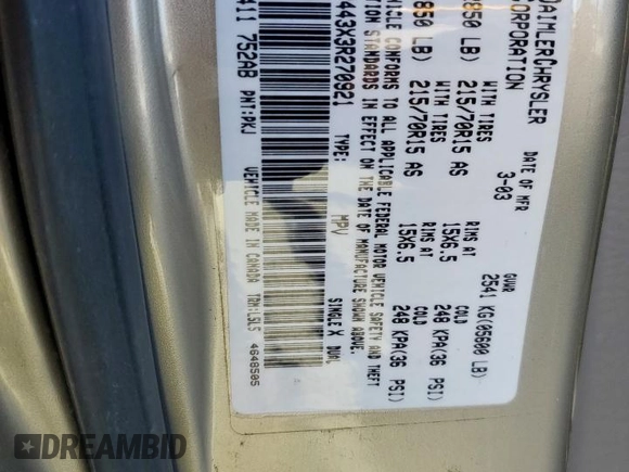 2003 Chrysler Town & Country LX with VIN 2C4GP443X3R270921, listed as a Copart auction lot 47283055 with 304,023 mi miles and Salvage title. Bid and sale history available at DreamBid. Image 13.