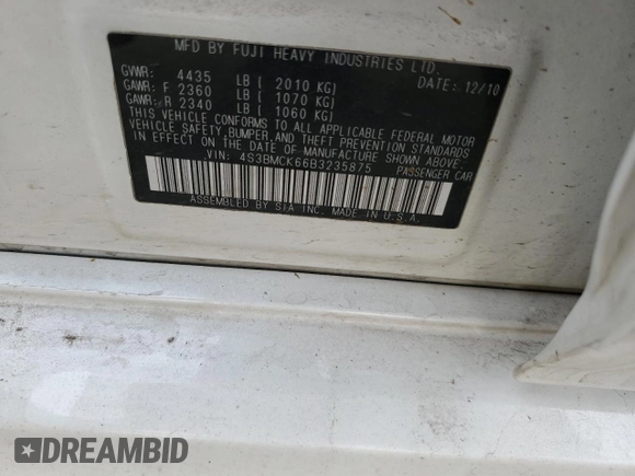 2011 Subaru Legacy Limited Power Moon with VIN 4S3BMCK66B3235875, listed as a Copart auction lot 44818345 with 225,369 mi miles and Salvage title. Bid and sale history available at DreamBid. Image 12.