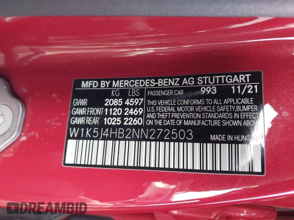 2022 Mercedes-Benz CLA 250 with VIN W1K5J4HB2NN272503, listed as a IAAI auction lot 41756218 with 45,477 mi miles and . Bid and sale history available at DreamBid. Image 9.
