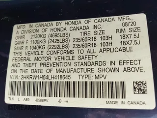 2020 Honda CR-V EX with VIN 2HKRW1H54LH418645, listed as a IAAI auction lot 41746020 with 78,390 mi miles. Bid and sale history available at carsss.com. Image 9.