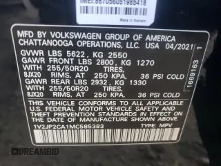 2021 Volkswagen Atlas SE with VIN 1V2JP2CA1MC585383, listed as a Copart auction lot 62145184 with 43,840 mi miles and Salvage title. Bid and sale history available at DreamBid. Image 12.