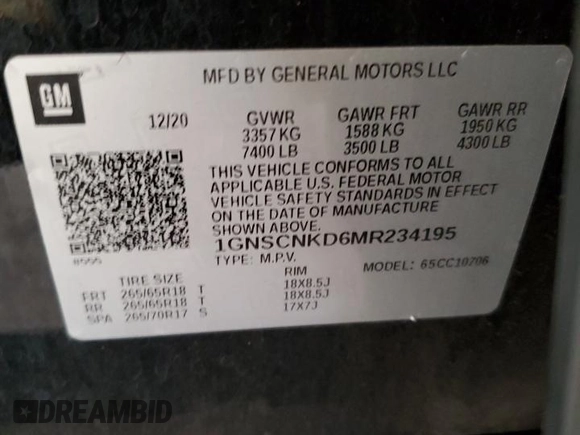 2021 Chevrolet Tahoe LT with VIN 1GNSCNKD6MR234195, listed as a Copart auction lot 43802165 with 67,511 mi miles and Salvage title. Bid and sale history available at DreamBid. Image 16.