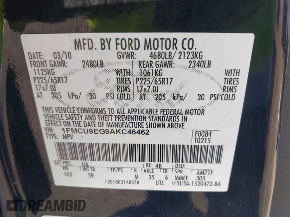 2010 Ford Escape Limited с VIN 1FMCU9EG9AKC46462, выставлен на аукционе IAAI как лот 42603175 с пробегом 97 323 миль миль и . История ставок и продаж доступна на DreamBid. Изображение 9.