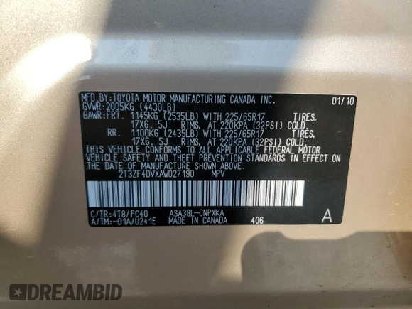 2010 Toyota RAV4 z VIN 2T3ZF4DVXAW027190, wystawiony jako Copart lot #60260535 z przebiegiem Nie podano mil oraz Szkoda całkowita • Salvage title. Historia ofert i sprzedaży dostępna na DreamBid. Obrazek 13.