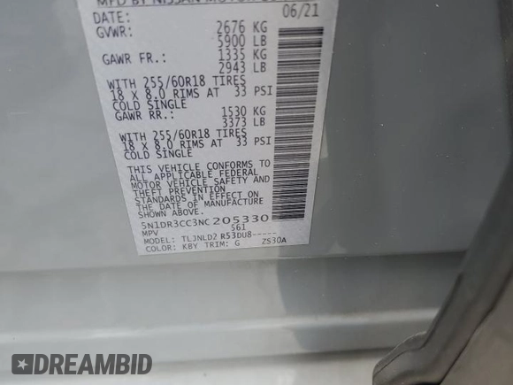 2022 Nissan Pathfinder SL with VIN 5N1DR3CC3NC205330, listed as a Copart auction lot 64749205 with 38,059 mi miles and Salvage title. Bid and sale history available at DreamBid. Image 14.