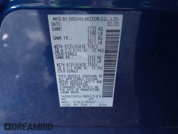2020 Nissan Pathfinder SL with VIN 5N1DR2CM5LC605535, listed as a IAAI auction lot 42441200 with 88,737 mi miles and . Bid and sale history available at DreamBid. Image 9.