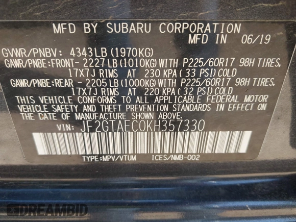 2019 Subaru Crosstrek Premium with VIN JF2GTAEC0KH357330, listed as a IAAI auction lot 42555101 with 83,135 mi miles and . Bid and sale history available at DreamBid. Image 9.