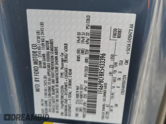 2024 Ford Mustang GT with VIN 1FA6P8CF8R5433396, listed as a Copart auction lot 56914335 with 7,168 mi miles and Salvage title. Bid and sale history available at DreamBid. Image 12.