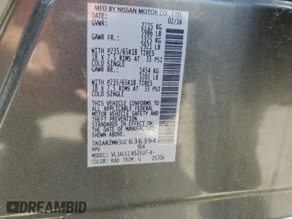 2016 Nissan Pathfinder SL with VIN 5N1AR2MN3GC636394, listed as a Copart auction lot 53661025 with 60,542 mi miles and Salvage title. Bid and sale history available at DreamBid. Image 13.