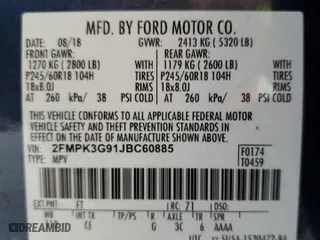 2018 Ford Edge SE with VIN 2FMPK3G91JBC60885, listed as a Copart auction lot 46888685 with 30,120 mi miles and Salvage Title. Bid and sale history available at carsss.com. Image 12.