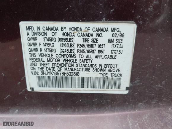 2008 Honda Ridgeline RTL with VIN 2HJYK16578H532810, listed as a IAAI auction lot 41948020 with 307,907 mi miles. Bid and sale history available at carsss.com. Image 9.