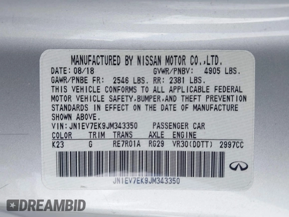 2018 Infiniti Q60 Sport with VIN JN1EV7EK9JM343350, listed as a IAAI auction lot 42452847 with Not provided miles and . Bid and sale history available at DreamBid. Image 9.