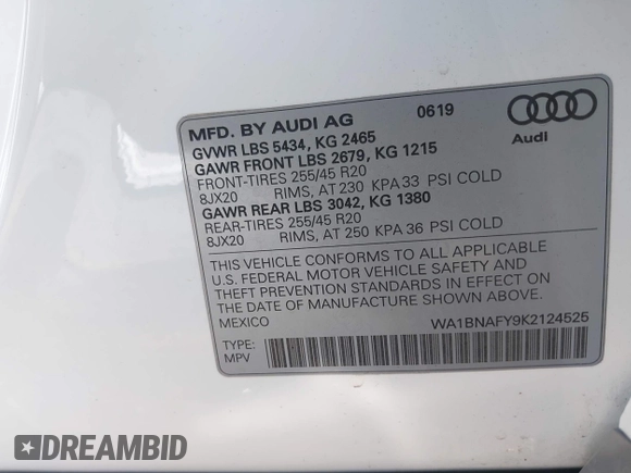 2019 Audi Q5 Premium Plus z VIN WA1BNAFY9K2124525, wystawiony jako IAAI lot #42164362 z przebiegiem Nie podano mil oraz . Historia ofert i sprzedaży dostępna na DreamBid. Obrazek 9.