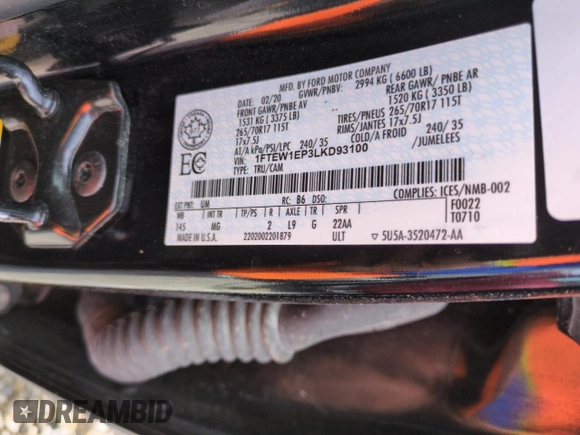 2020 Ford F-150 XL с VIN 1FTEW1EP3LKD93100, выставлен на аукционе Copart как лот 56518015 с пробегом 56 198 миль миль и Списание • Salvage title. История ставок и продаж доступна на DreamBid. Изображение 12.