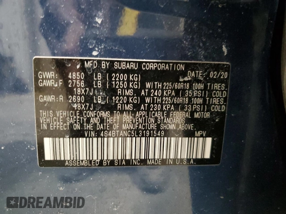 2020 Subaru Outback Limited z VIN 4S4BTANC5L3191549, wystawiony jako Copart lot #50403835 z przebiegiem 50 936 mil mil oraz Szkoda całkowita • Salvage title. Historia ofert i sprzedaży dostępna na DreamBid. Obrazek 15.