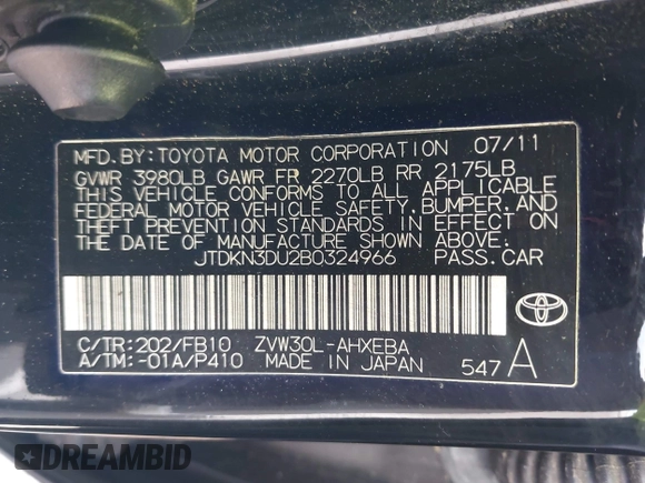 2011 Toyota Prius I with VIN JTDKN3DU2B0324966, listed as a IAAI auction lot 41947134 with 147,381 mi miles and . Bid and sale history available at DreamBid. Image 9.